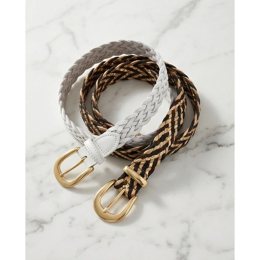 Womens Vintage Belt Lot Braided Gold White Casual Jean Dress Belt Set of‎ 3 L XL